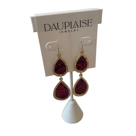 Double Tear Drop Hammered Gold Tone & Faux Snake Skin Earrings. - Picture 2 of 5